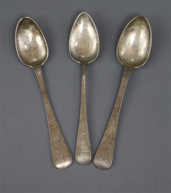 Three late 18th/early 19th century Jersey silver teaspoons, two by Jaques Quesnel, 1781-1821.